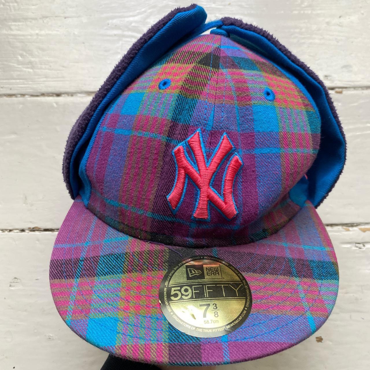 New York Yankees New Era Dog Ear Purple and Blue Checked Print Trapper Hat