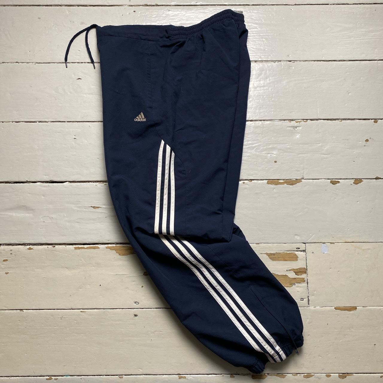 Adidas Navy and White Baggy Shell Track Pant Bottoms