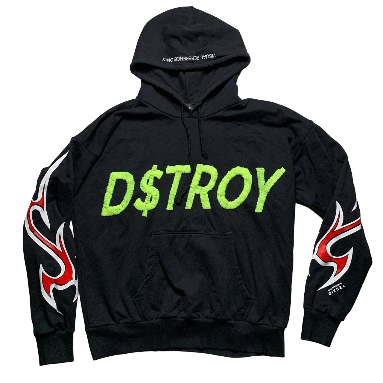 Diesel Only The Brave S-Alby-X6 D$TROY Destroy Black Red Flame and Neon Green Hoodie (2XL)