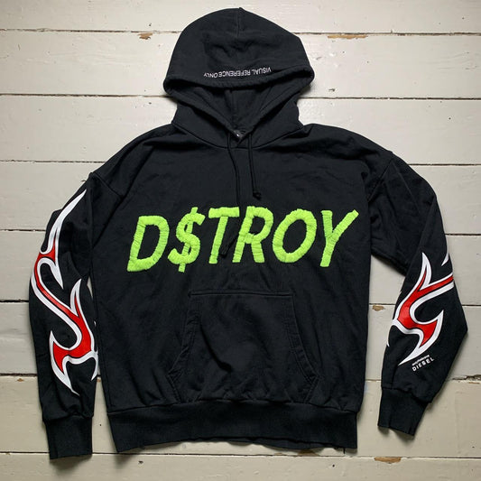 Diesel Only The Brave S-Alby-X6 D$TROY Destroy Black Red Flame and Neon Green Hoodie