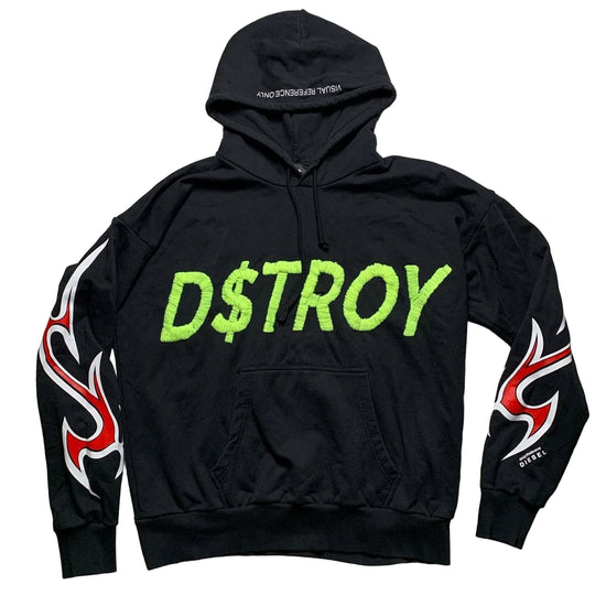 Diesel Only The Brave S-Alby-X6 D$TROY Destroy Black Red Flame and Neon Green Hoodie (2XL)