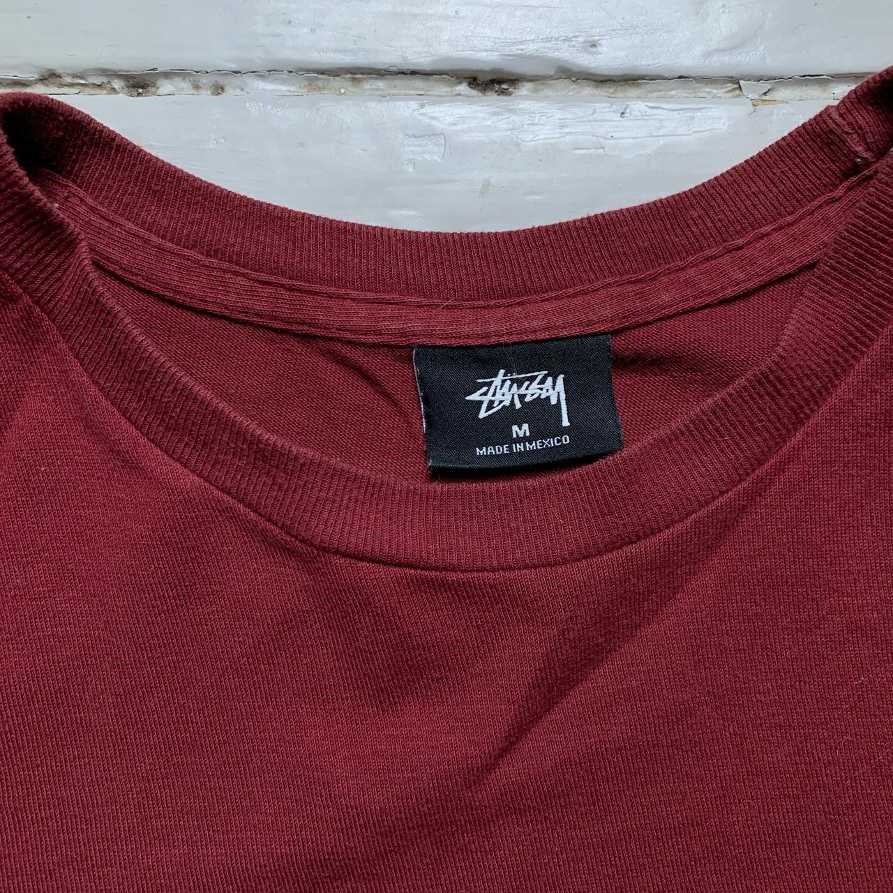 Stussy Burgundy and Yellow Spellout T Shirt