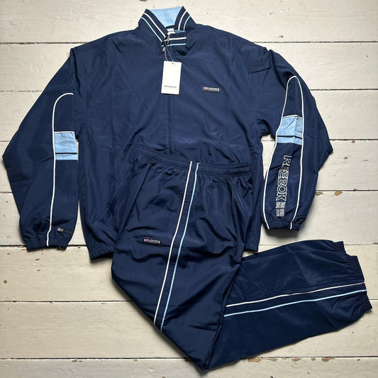 Reebok Navy and Baby Blue Vintage Full Nylon Shell Track Pant Tracksuit Jacket and Bottoms
