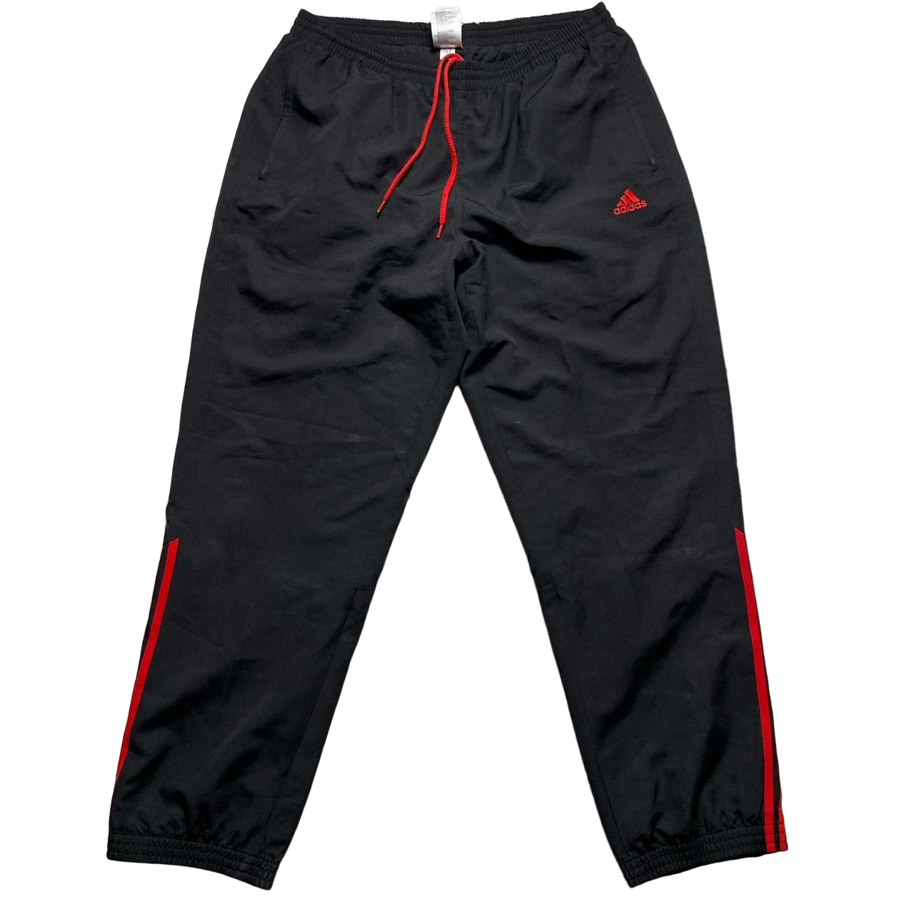 Adidas Black and Red Stripe Baggy Shell Trackpant Bottoms (XL)