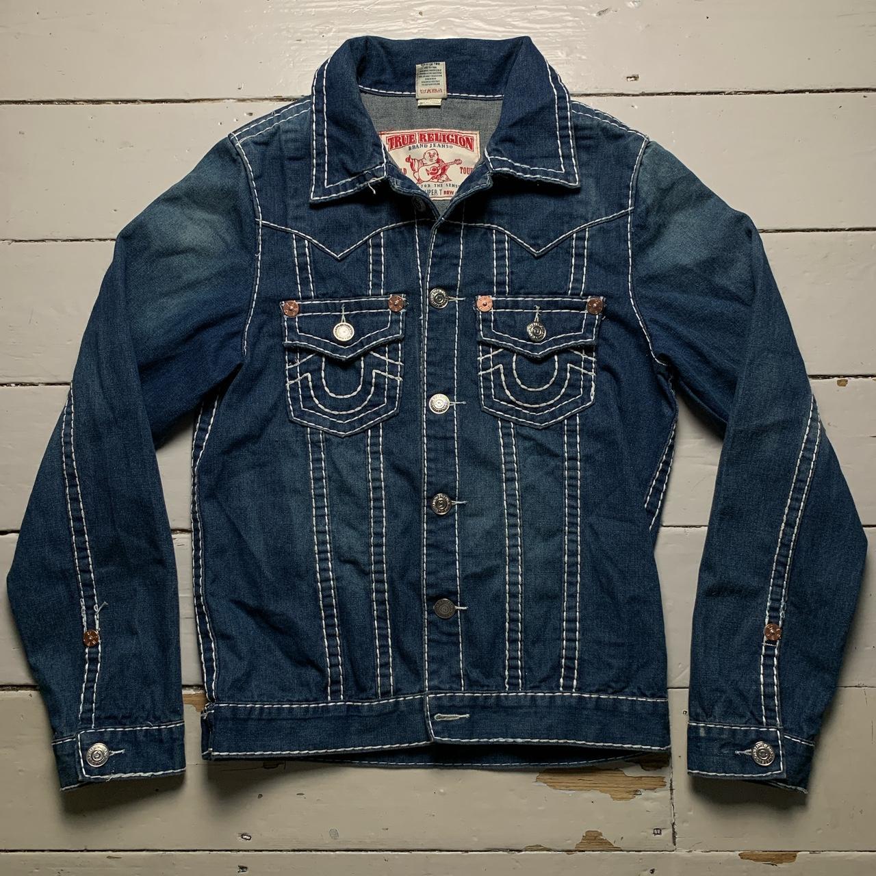 True Religion Joey Super T Big Contrast Stitch Navy and White Denim Jacket