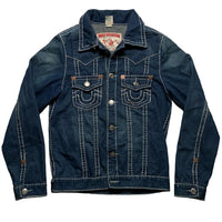 True Religion Joey Super T Big Contrast Stitch Navy and White Denim Jacket (L)
