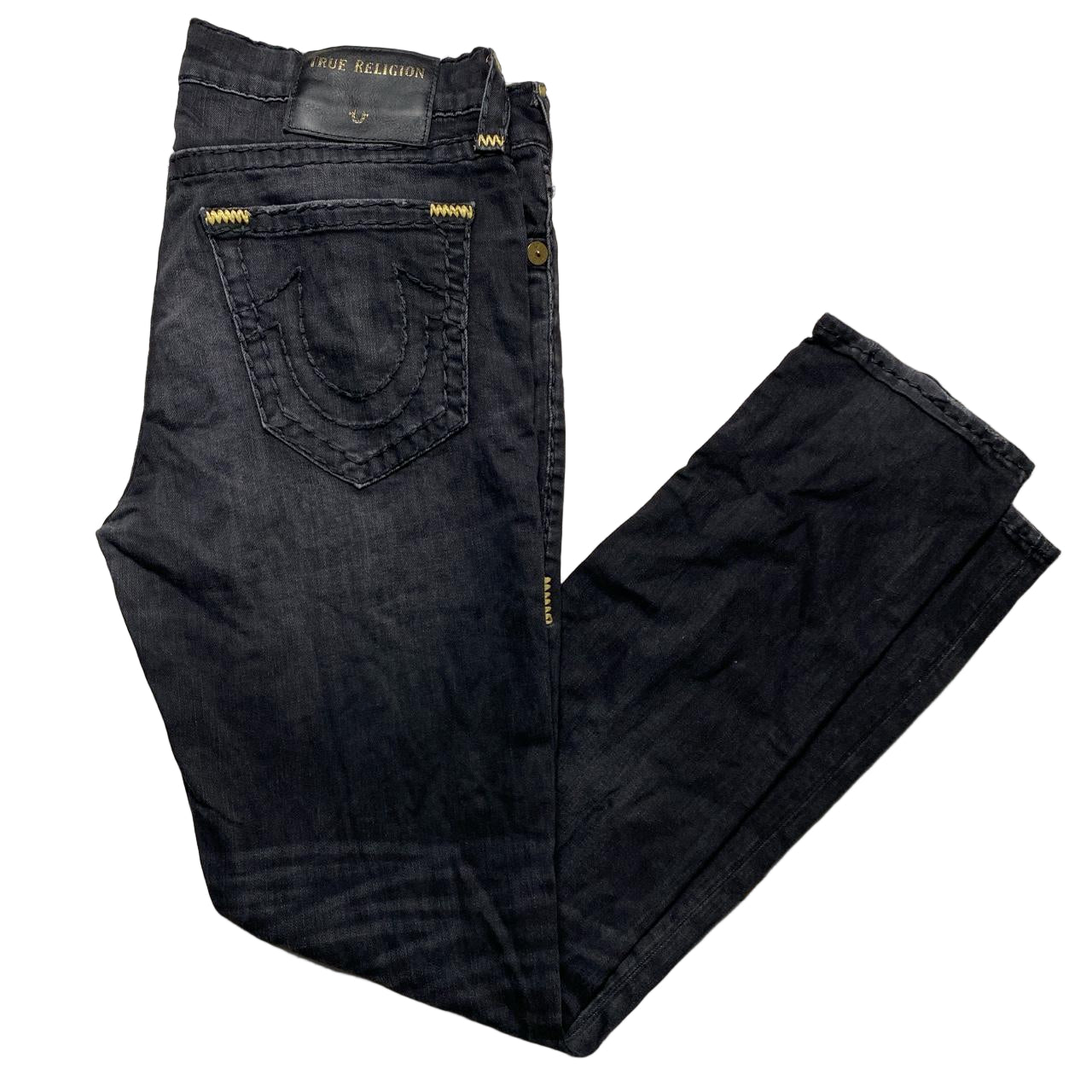 True Religion Geno Black and Gold Big Stitch Jeans (34W)