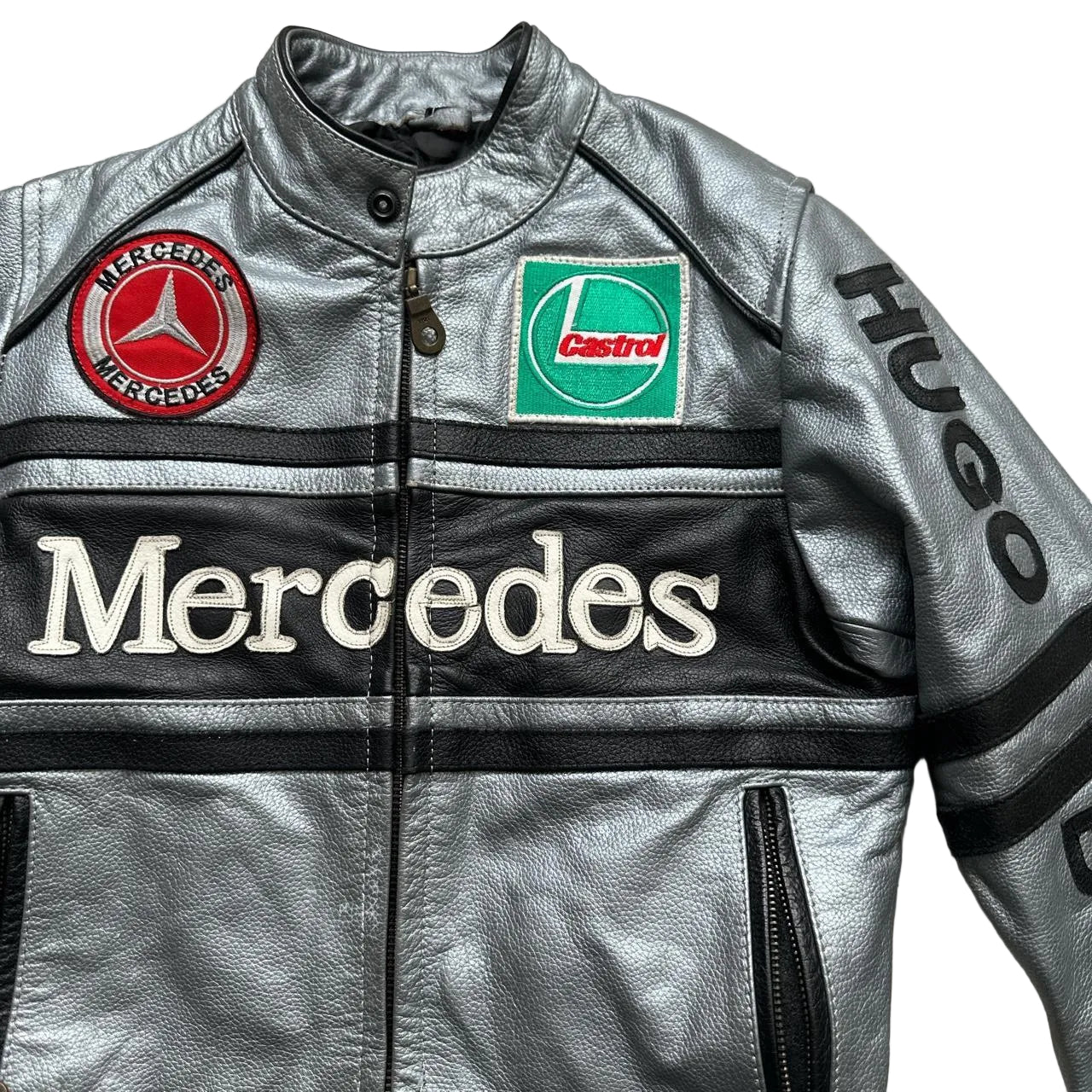 Mclaren Mercedes Vintage Kids Leather Jacket Silver and Black (M Kids)