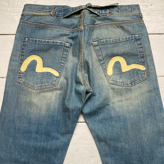 Evisu EU ED Vintage Cream White Daicock Swoosh Light Blue Jeans