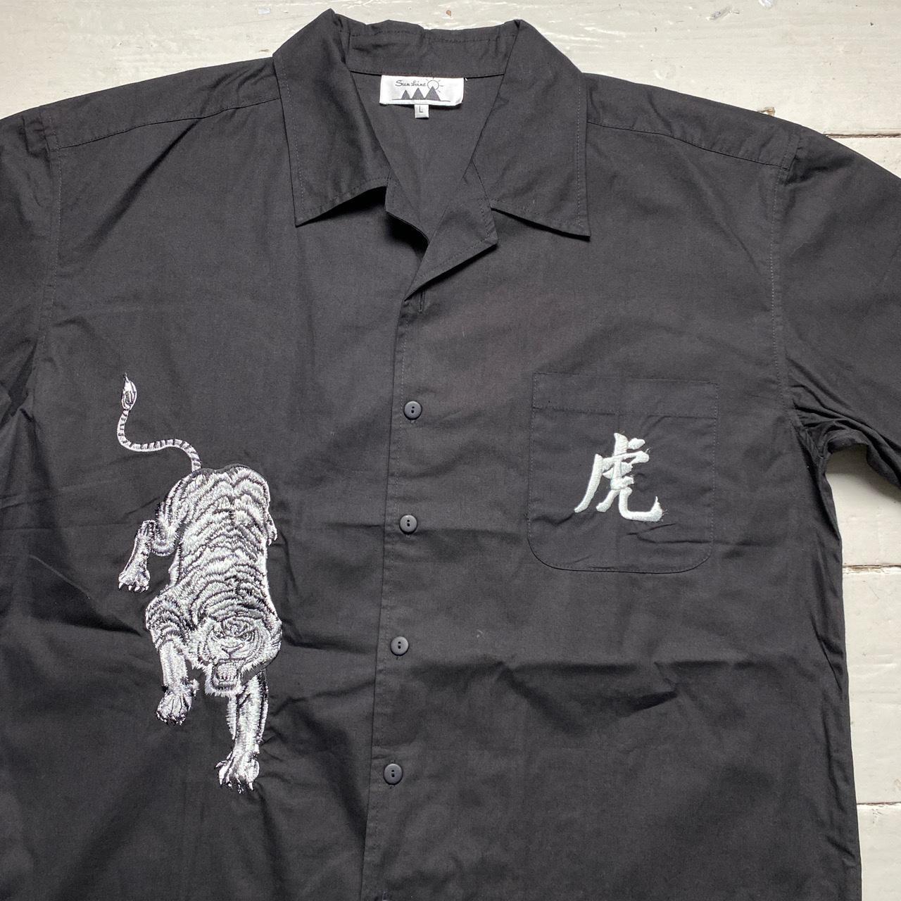 Y2K Vintage Tiger Embroidered Japanese Shirt Black and White
