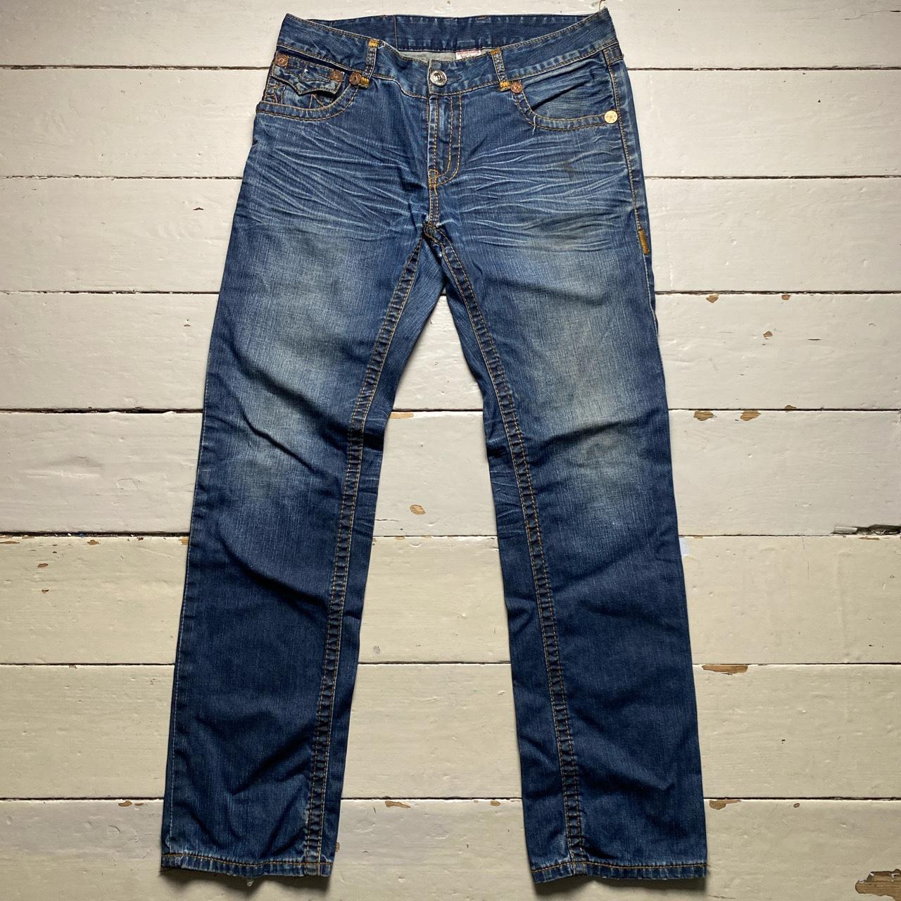 True Religion Billy Super T Navy and Brown Stitch Jeans