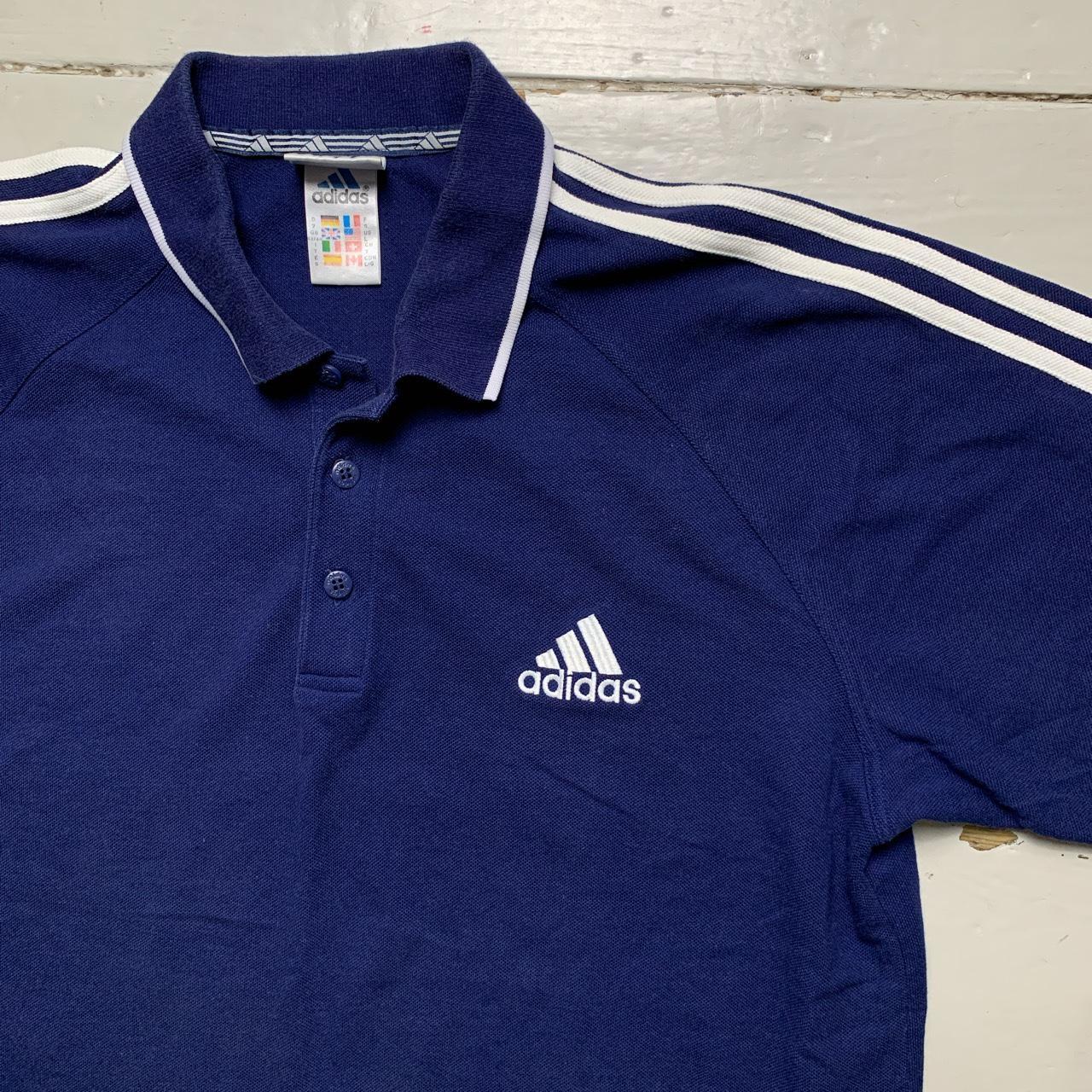 Adidas Navy and White Stripe Vintage Polo Shirt