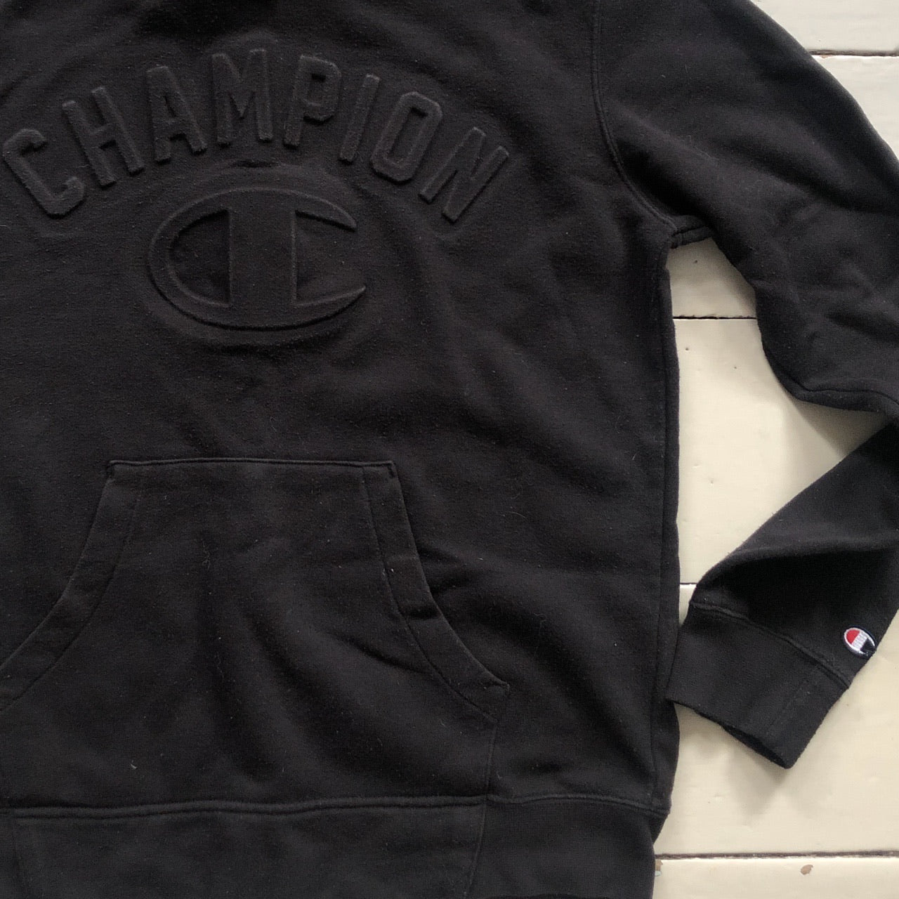 Champion Black Spellout Hoodie (Medium Womens)