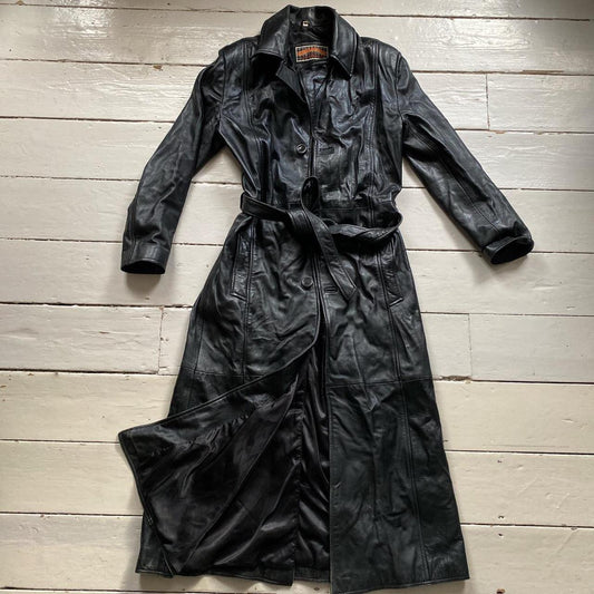 Vintage Black Long Leather Trench Coat (Small)