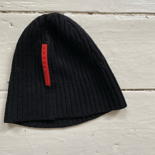 Prada Vintage Red Strip Black Beanie Hat