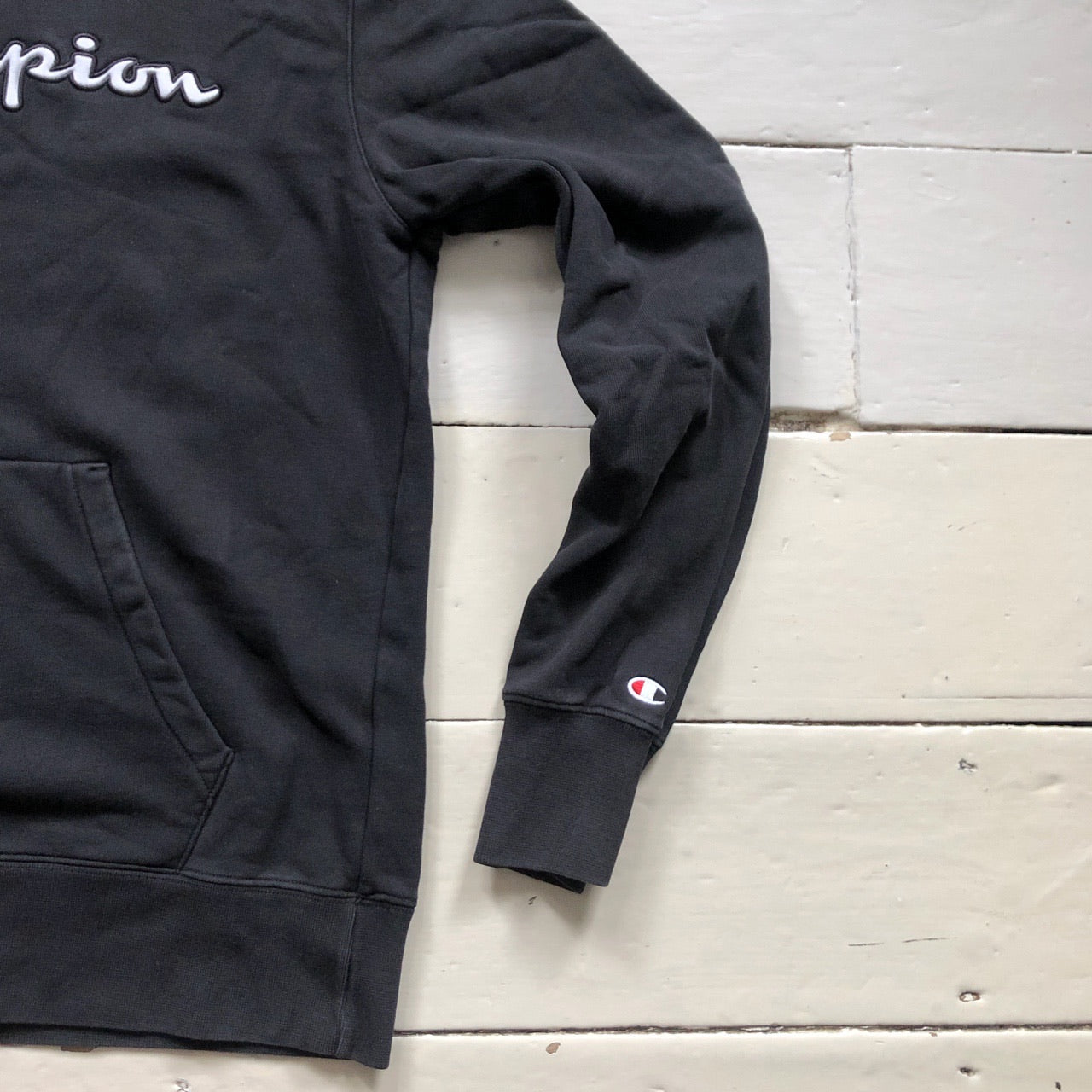 Champion Spellout Black Hoodie (Large)