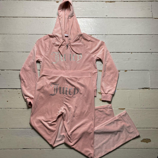 Juicy Couture Diamanté Pink Velour Tracksuit (XL Top, Large Bottoms)