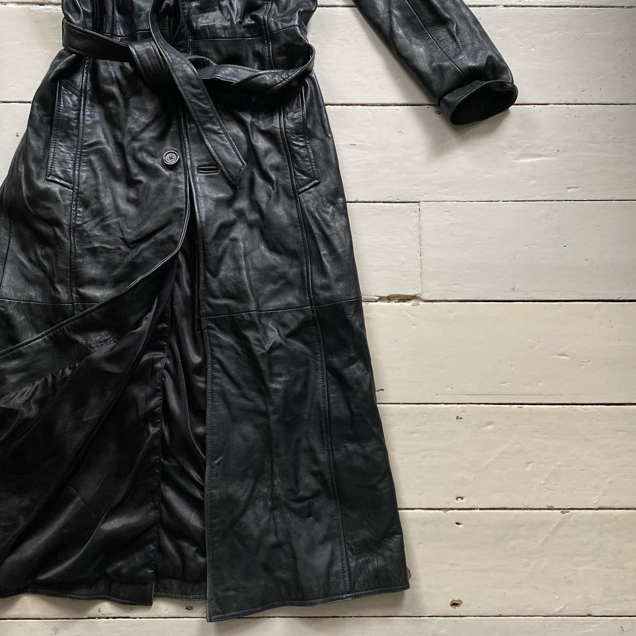 Vintage Black Long Leather Trench Coat (Small)