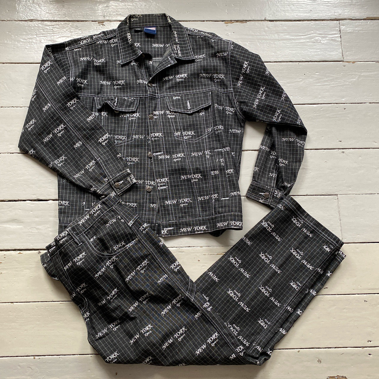 New York Xpress Vintage 90’s Monogram Denim Jeans Suit (XL)