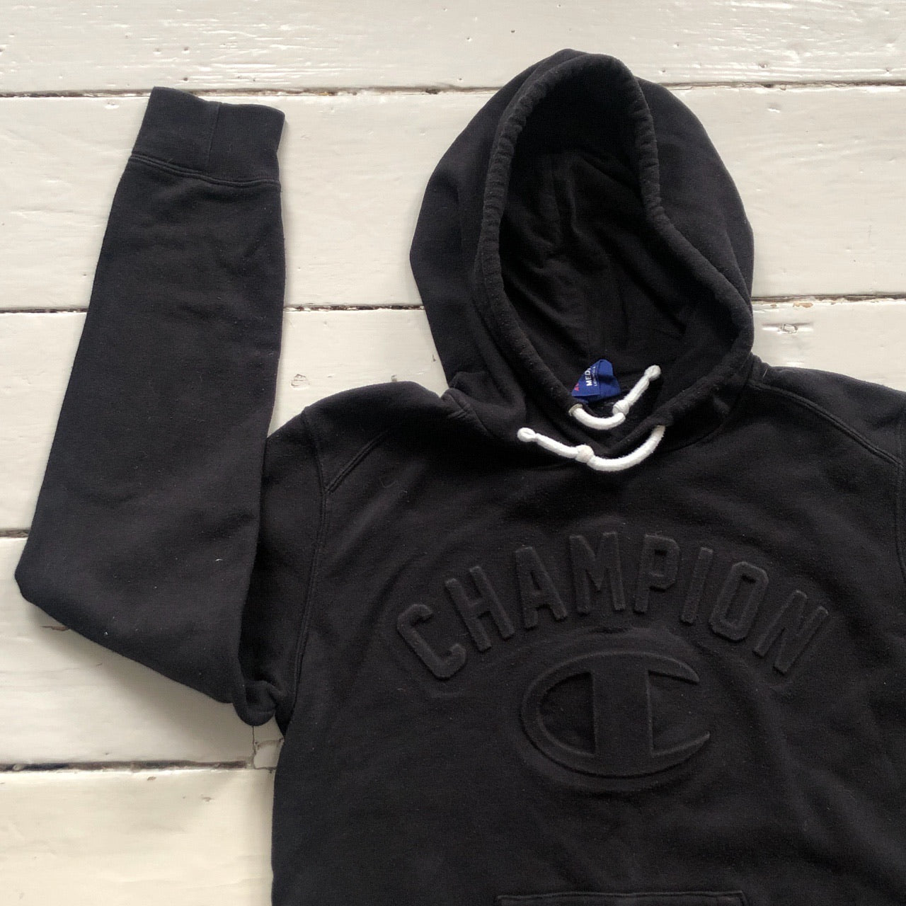 Champion Black Spellout Hoodie (Medium Womens)