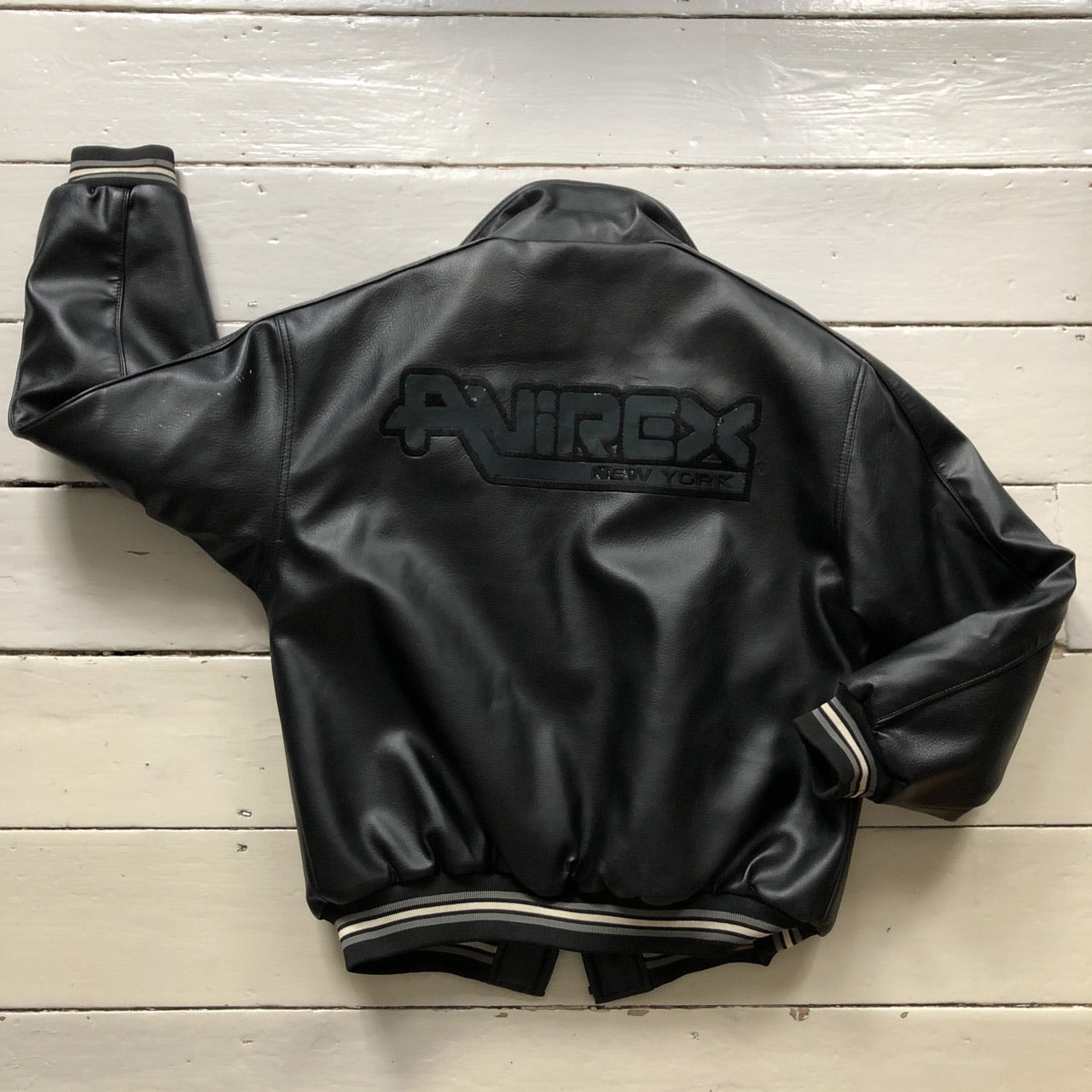 Avirex Faux Leather Black Bomber Jacket (Medium)