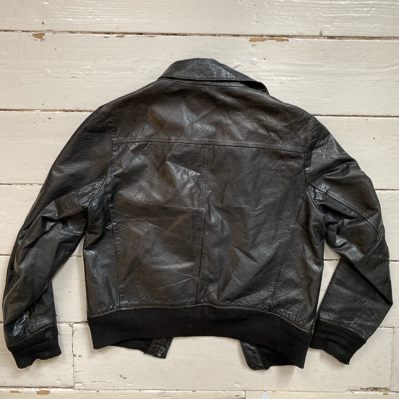 Womens Black Leather Bomber Jacket (Small)