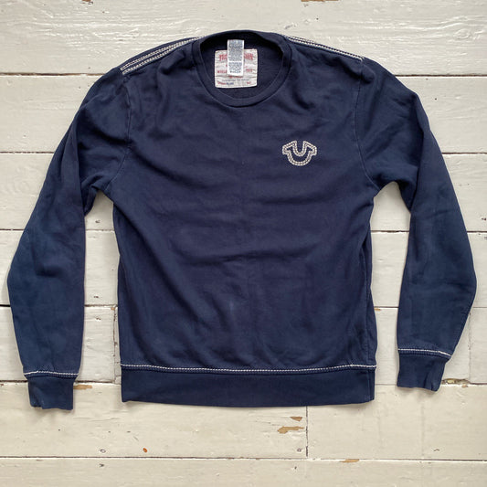 True Religion Tri Contrast Stitch Navy Jumper (Large)