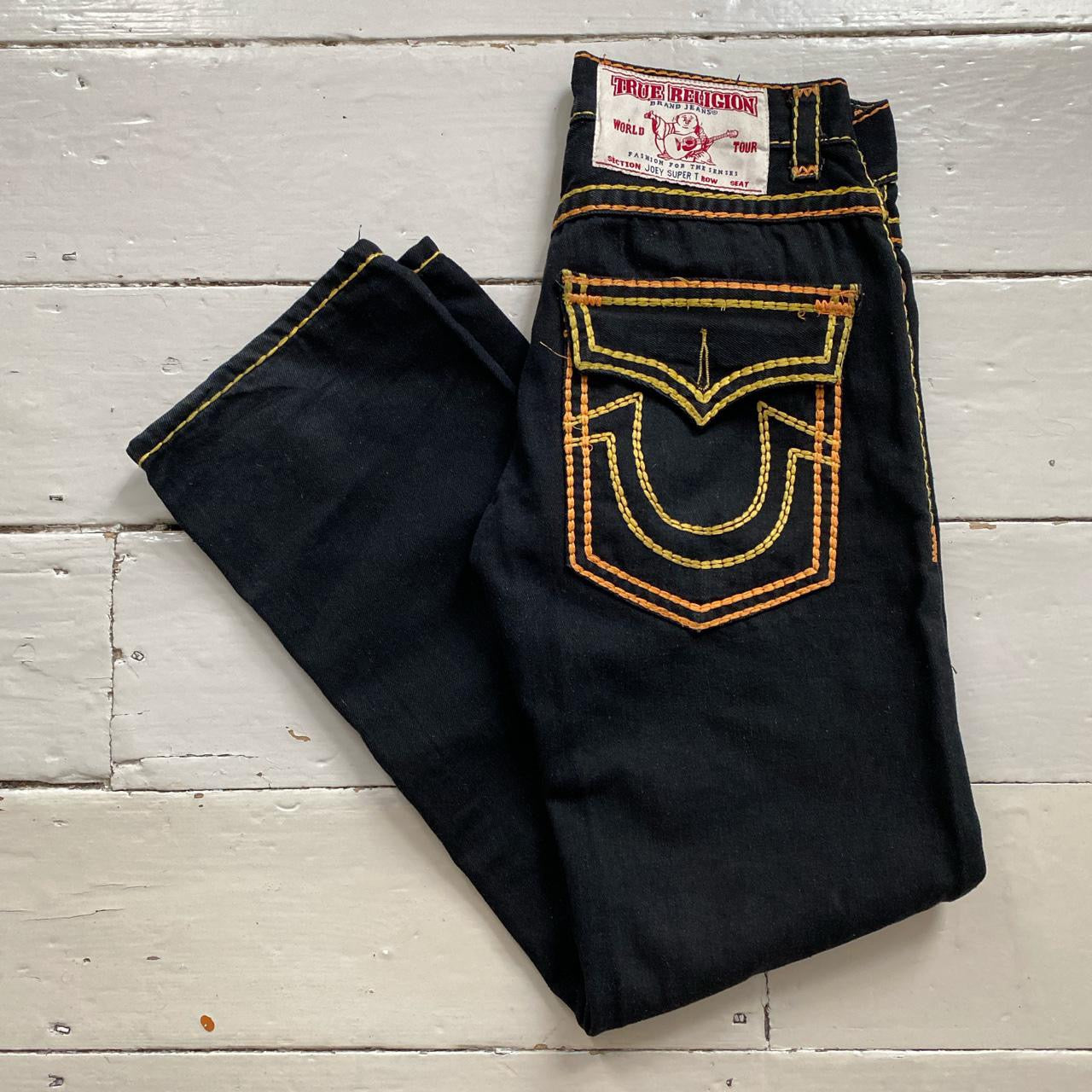 True Religion Black Joey Super T Big Double Stitch Yellow and Gold Jeans (32/30)