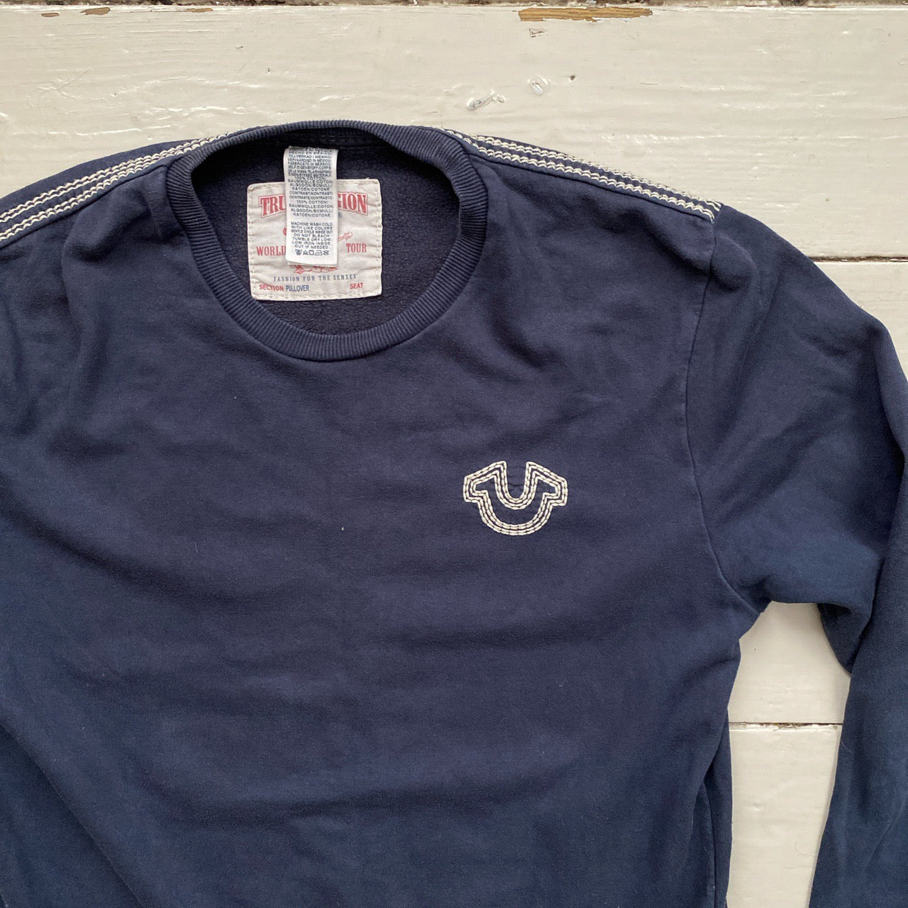 True Religion Tri Contrast Stitch Navy Jumper (Large)