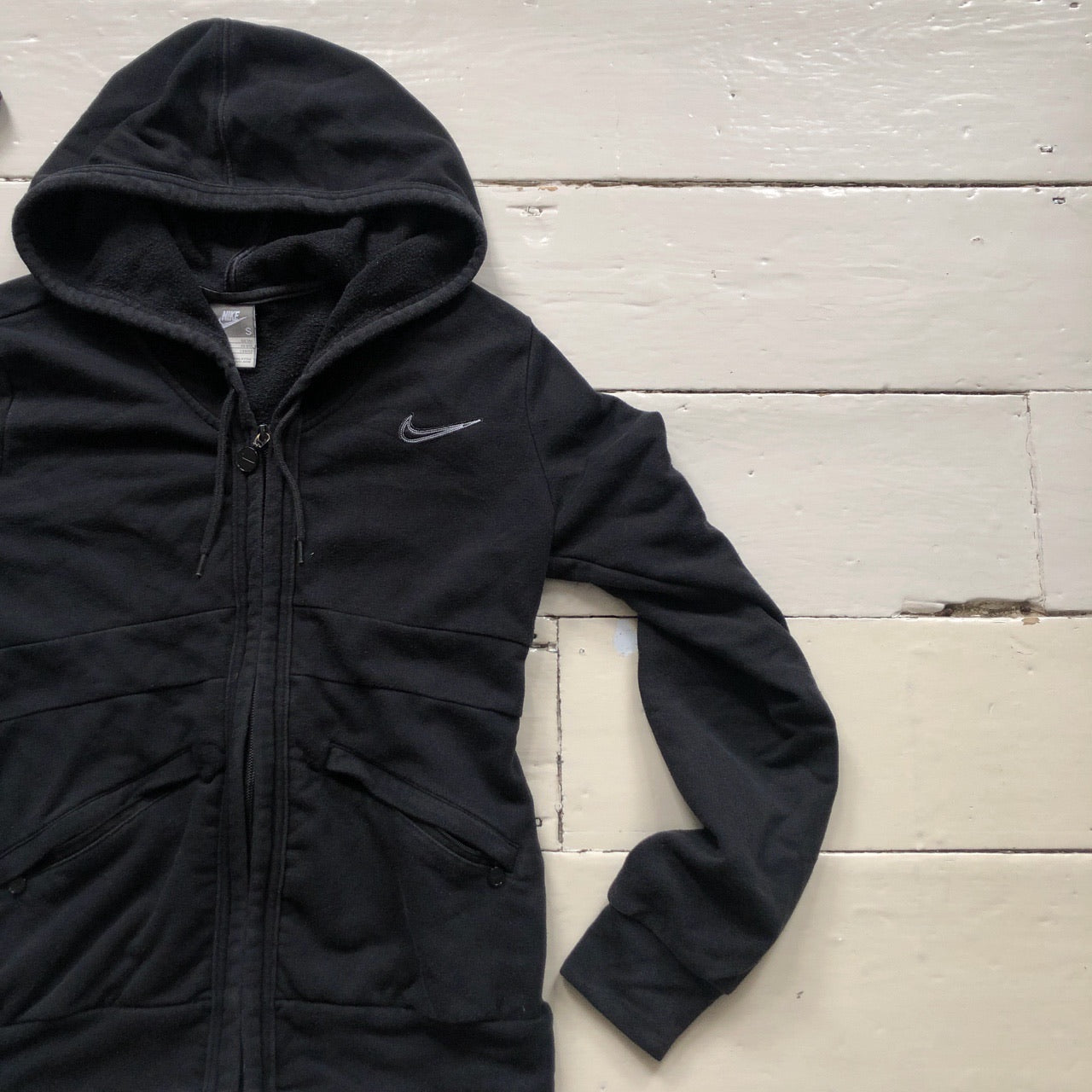 Nike Black Hoodie White Swoosh (Small Womens)