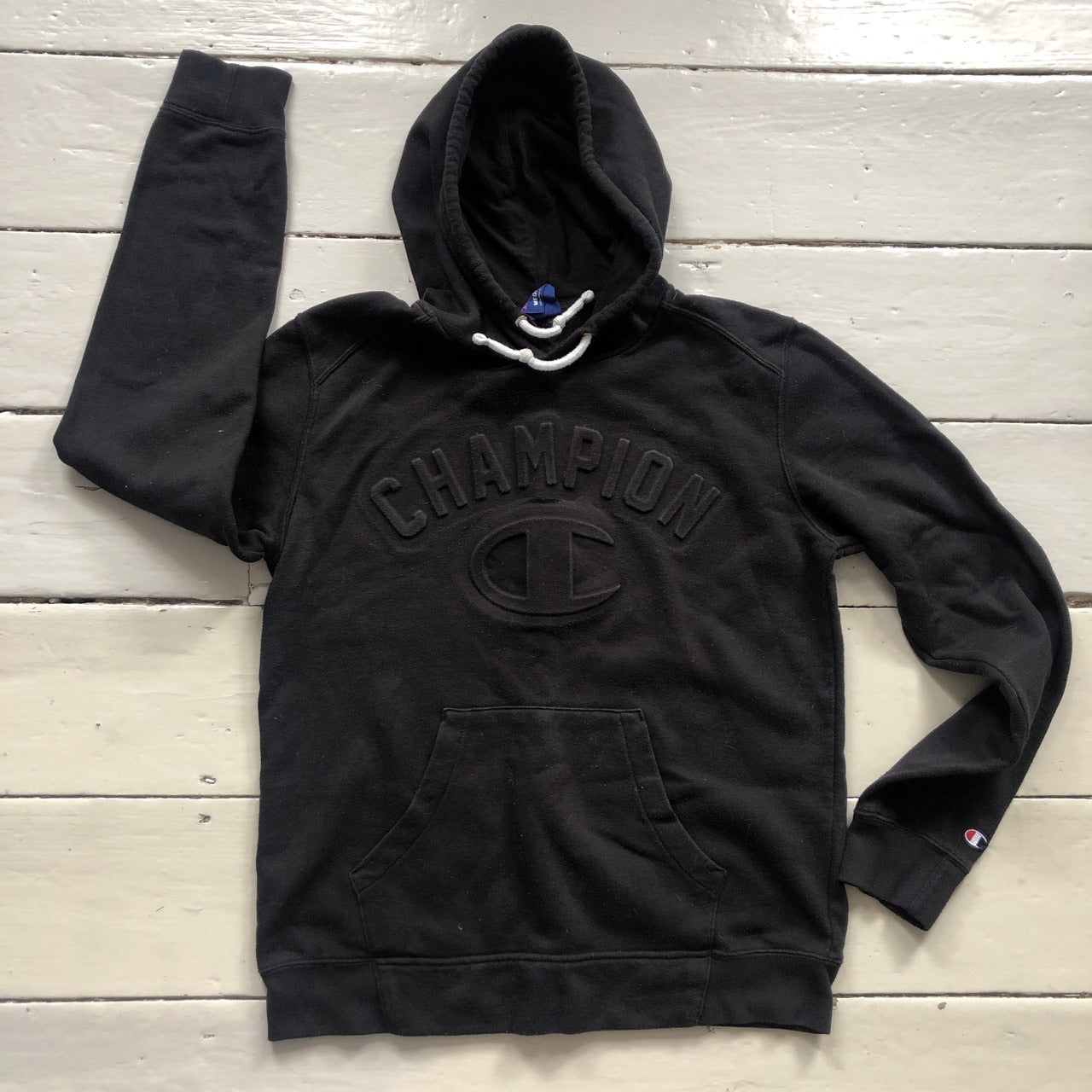 Champion Black Spellout Hoodie (Medium Womens)