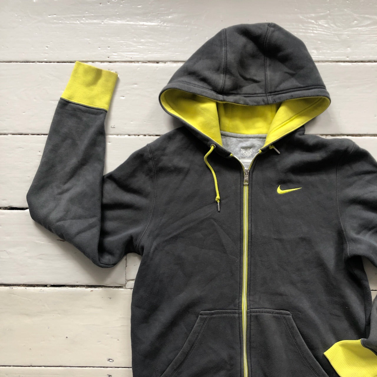 Nike Grey and Yellow Swoosh Hoodie (Small)