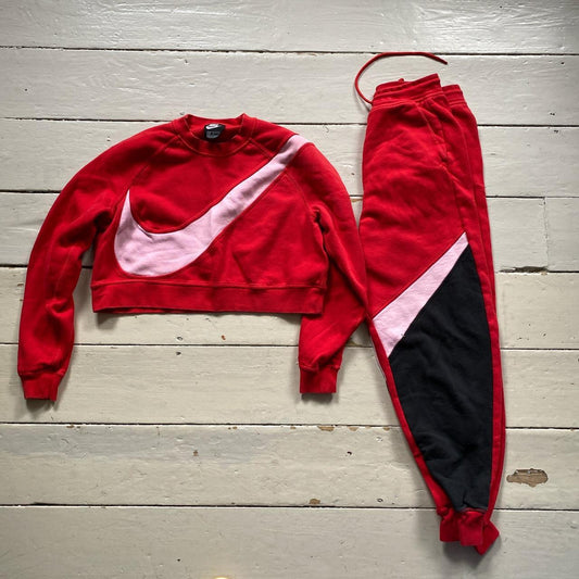 Nike Womens Big Swoosh Red Pink and Black Tracksuit (Small)