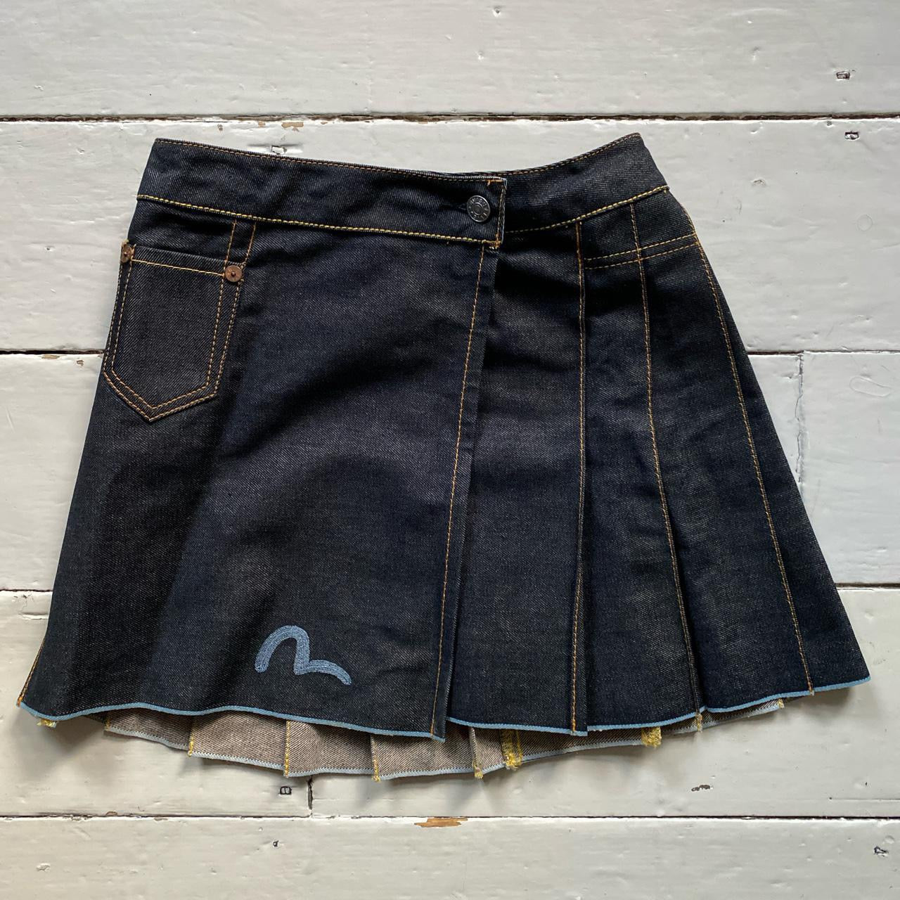 Evisu Swoosh Vintage Pleated Denim Skirt (Small)